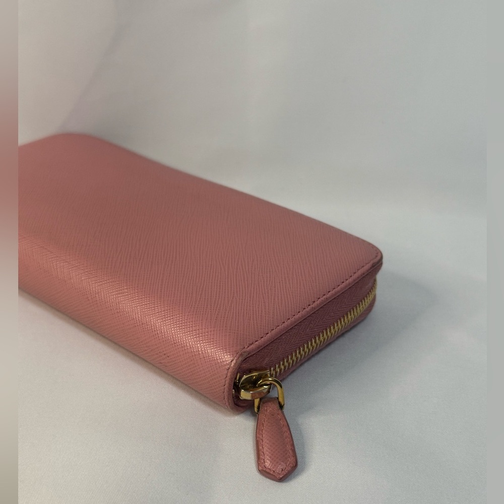 Prada Saffiano Zip Around Wallet Pink Gold Logo Continental - Picture 11 of 15